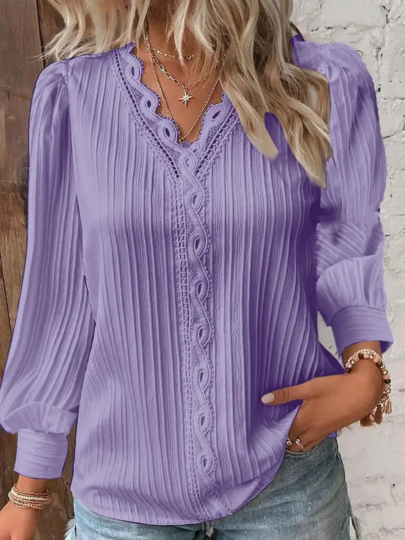 Aurelia Lace Trim V-Neck Lantern Sleeve Blouse for Women