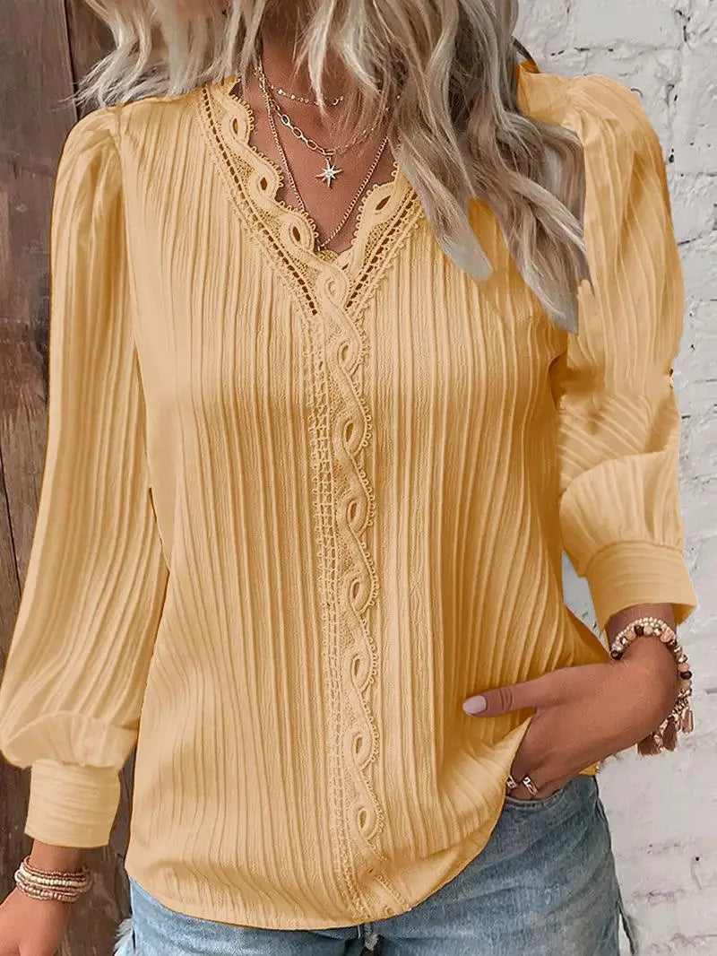 Aurelia Lace Trim V-Neck Lantern Sleeve Blouse for Women