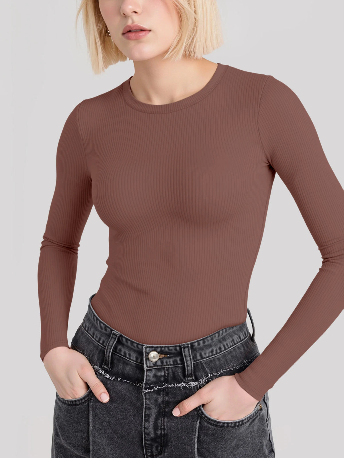 Women's rib knit slim fit long sleeve tee in dark brown