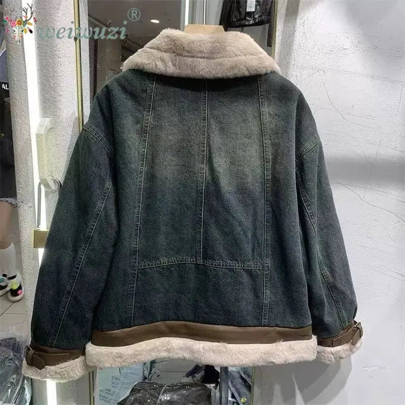 Lucrezia Wool Sherpa Lined Vintage Denim Jacket for Women