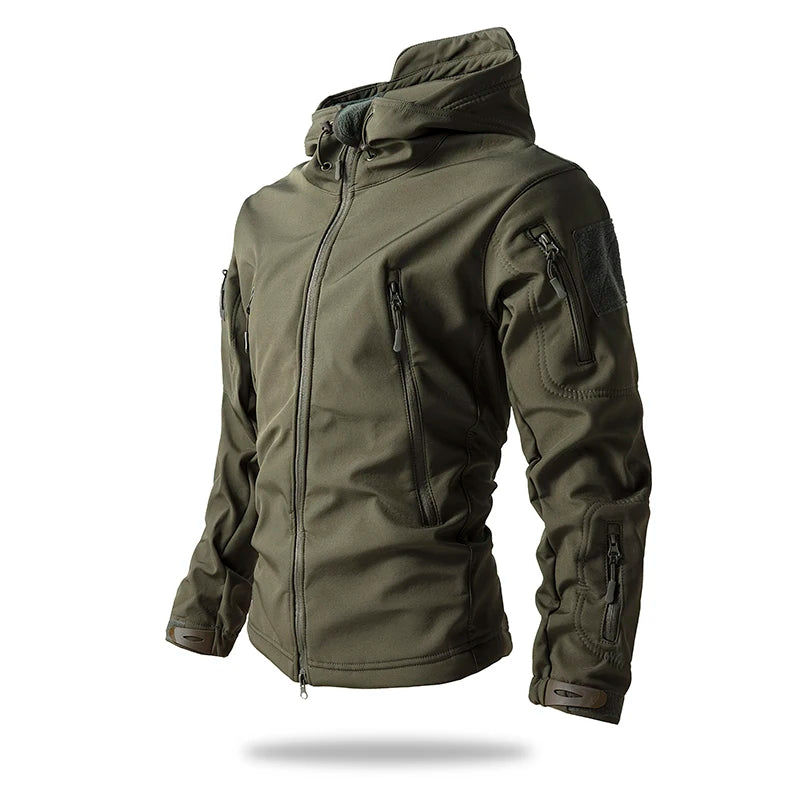 Men's soft shell fleece lined hooded tactical jacket in army green