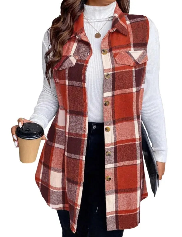 Fabiola Plaid Sleeveless Button Front Shirt Vest for Women