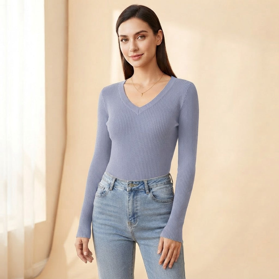 Greta Ribbed V-Neck Knit Sweater for Women