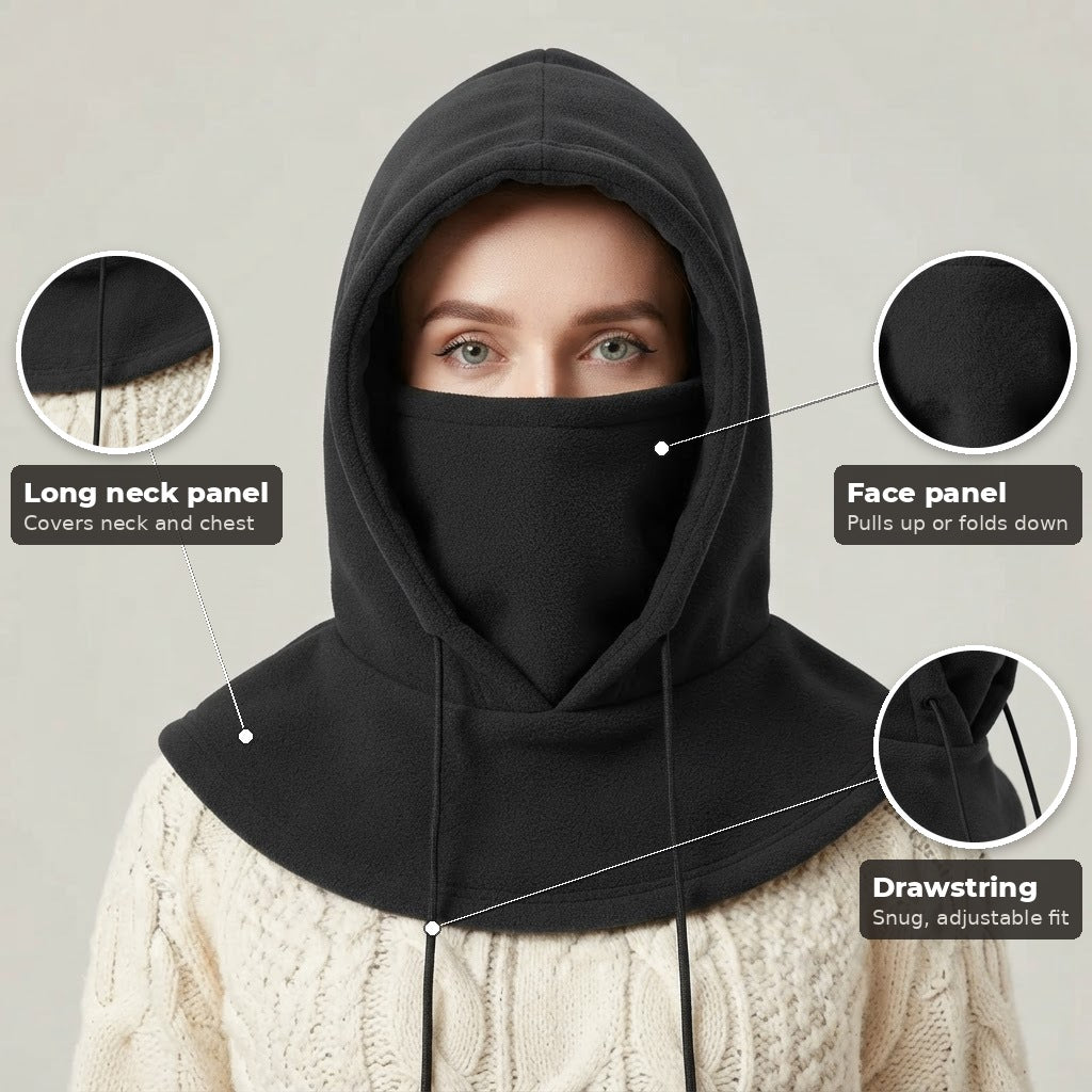 Ilario balaclava hood key features with close-up details