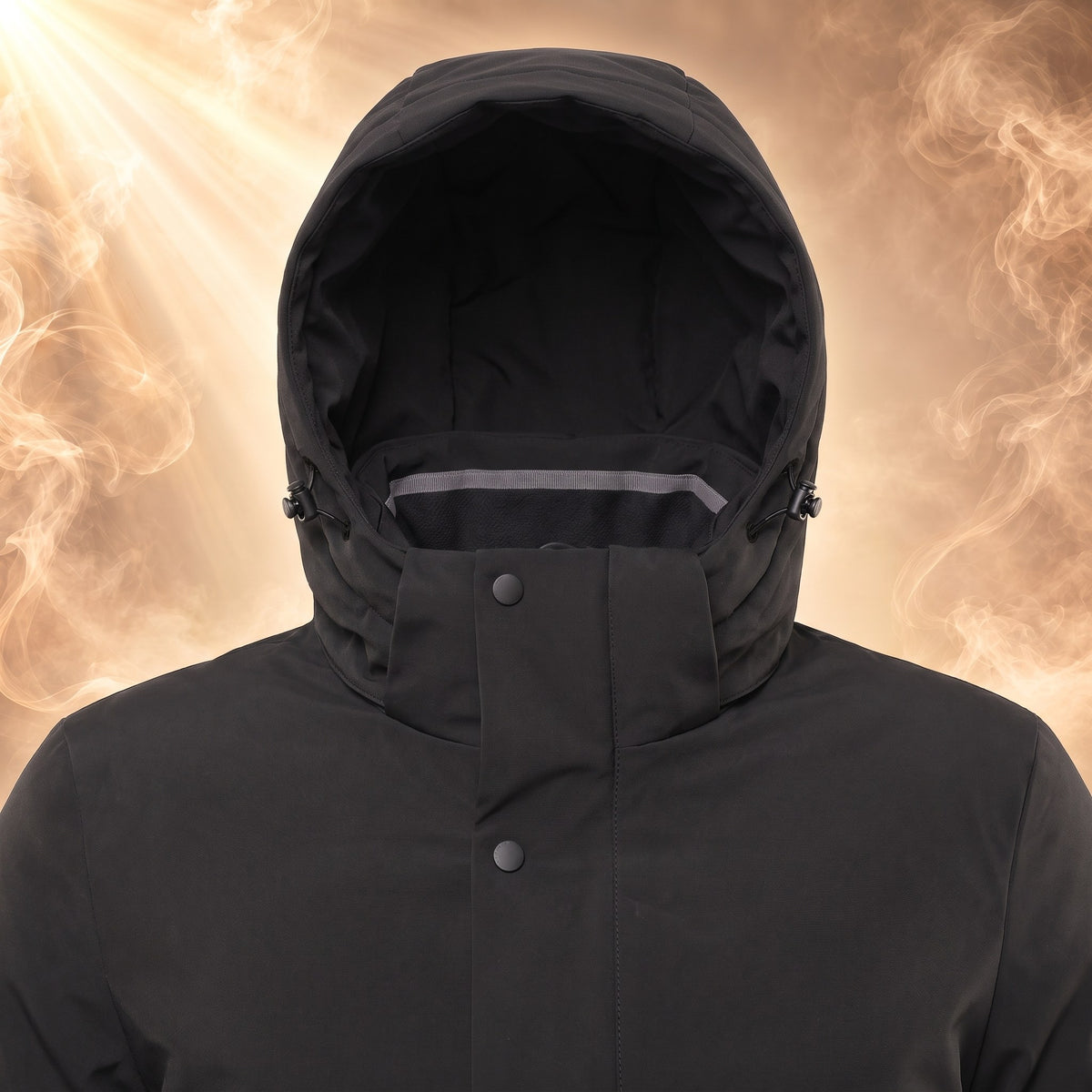 Quentin parka, Black, hood over stand collar close-up