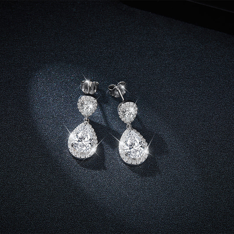 Rosetta Sterling Silver Pear Moissanite Halo Drop Earrings for Women