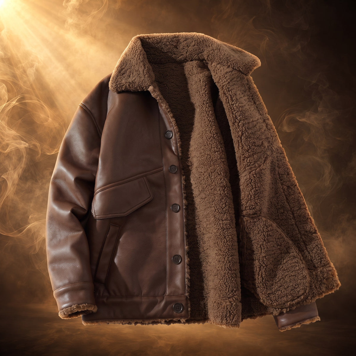 Vincenzo sherpa-lined faux leather jacket, Brown, sherpa lining at the open front