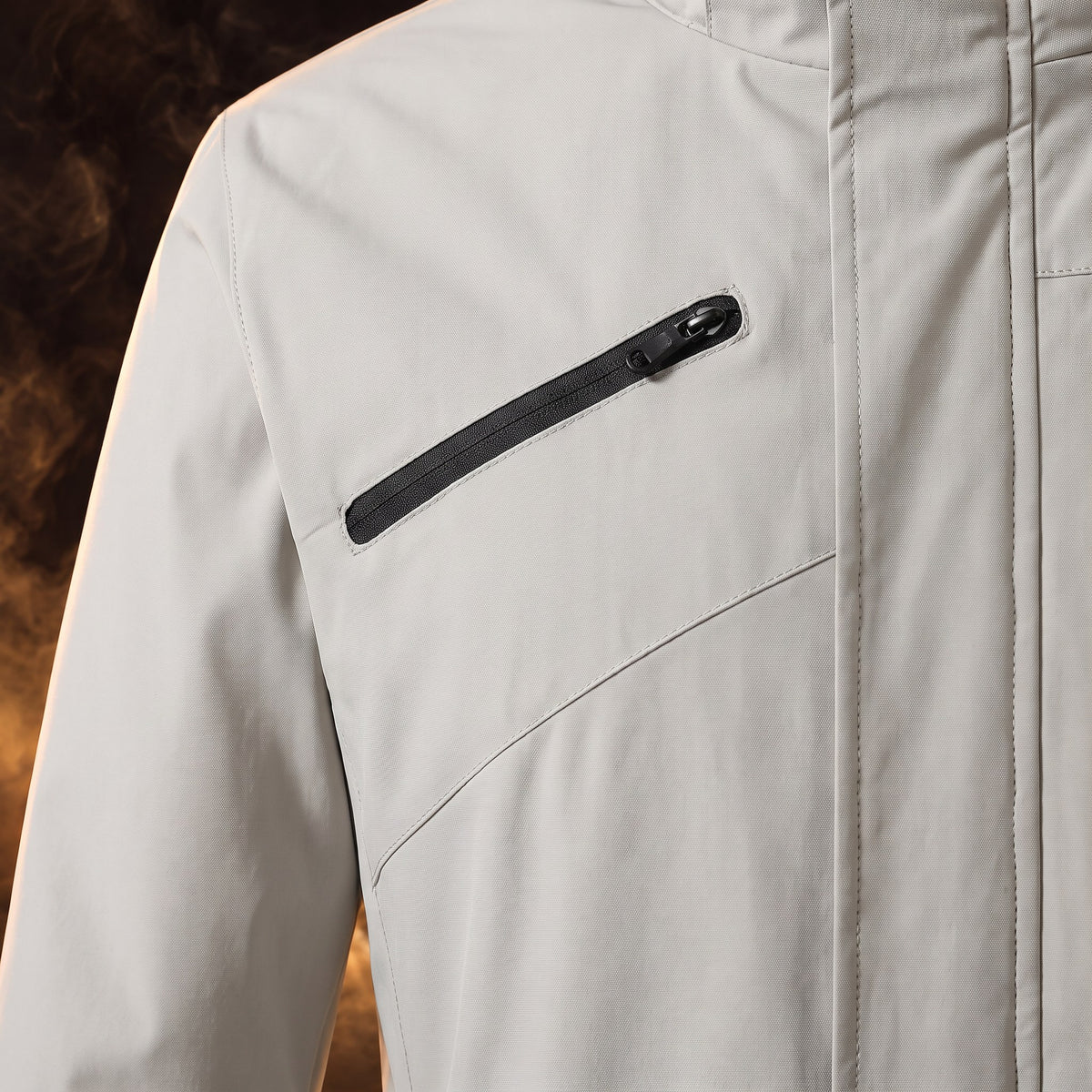 Sebastiano hooded windbreaker jacket, Light Gray Fleece Lined, close-up of the diagonal zip chest pocket