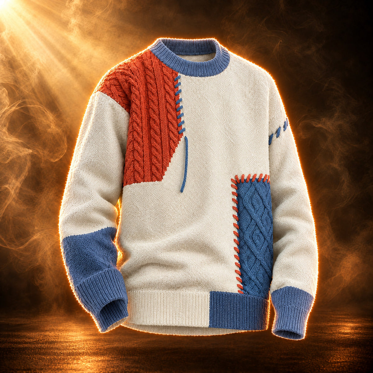 Achille patchwork cable knit crewneck sweater for men in blue, front view