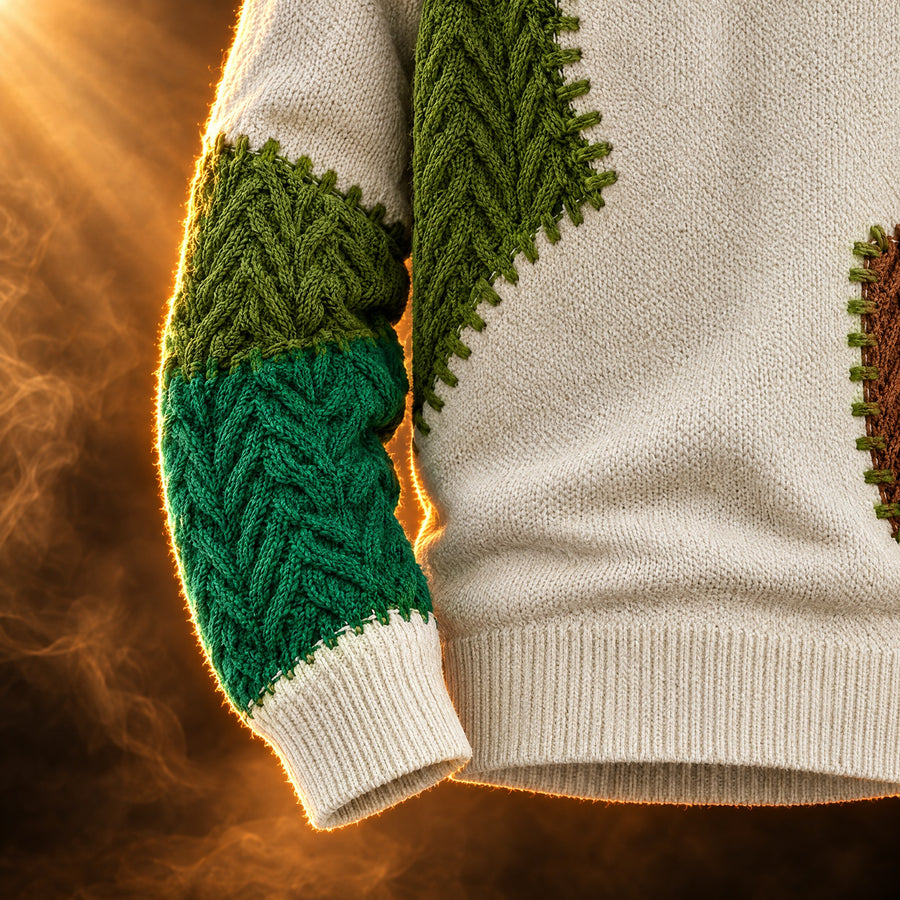 Achille Patchwork Cable Knit Crewneck Sweater for Men