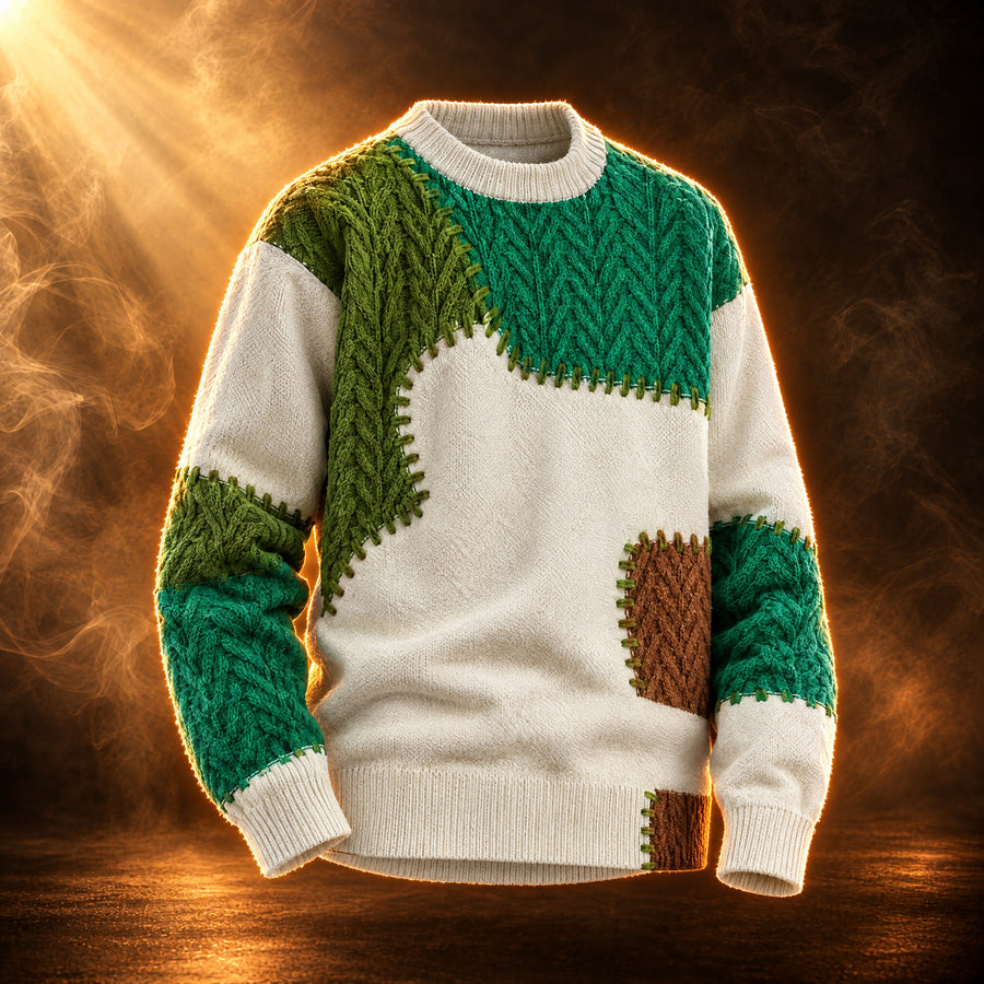 Achille Patchwork Cable Knit Crewneck Sweater for Men