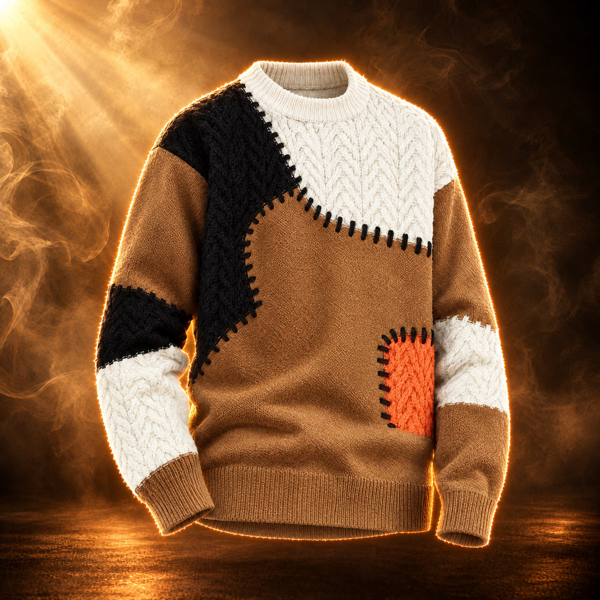 Achille patchwork cable knit crewneck sweater for men in khaki, front view