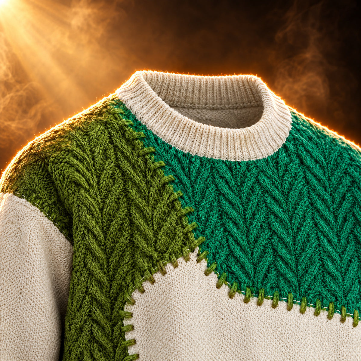 Achille Patchwork Cable Knit Crewneck Sweater for Men - Ribbed crew, cable panel.