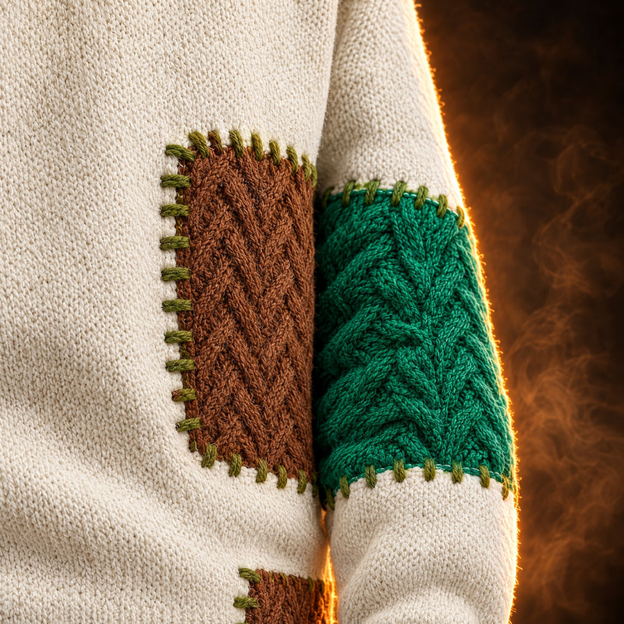 Achille Patchwork Cable Knit Crewneck Sweater for Men
