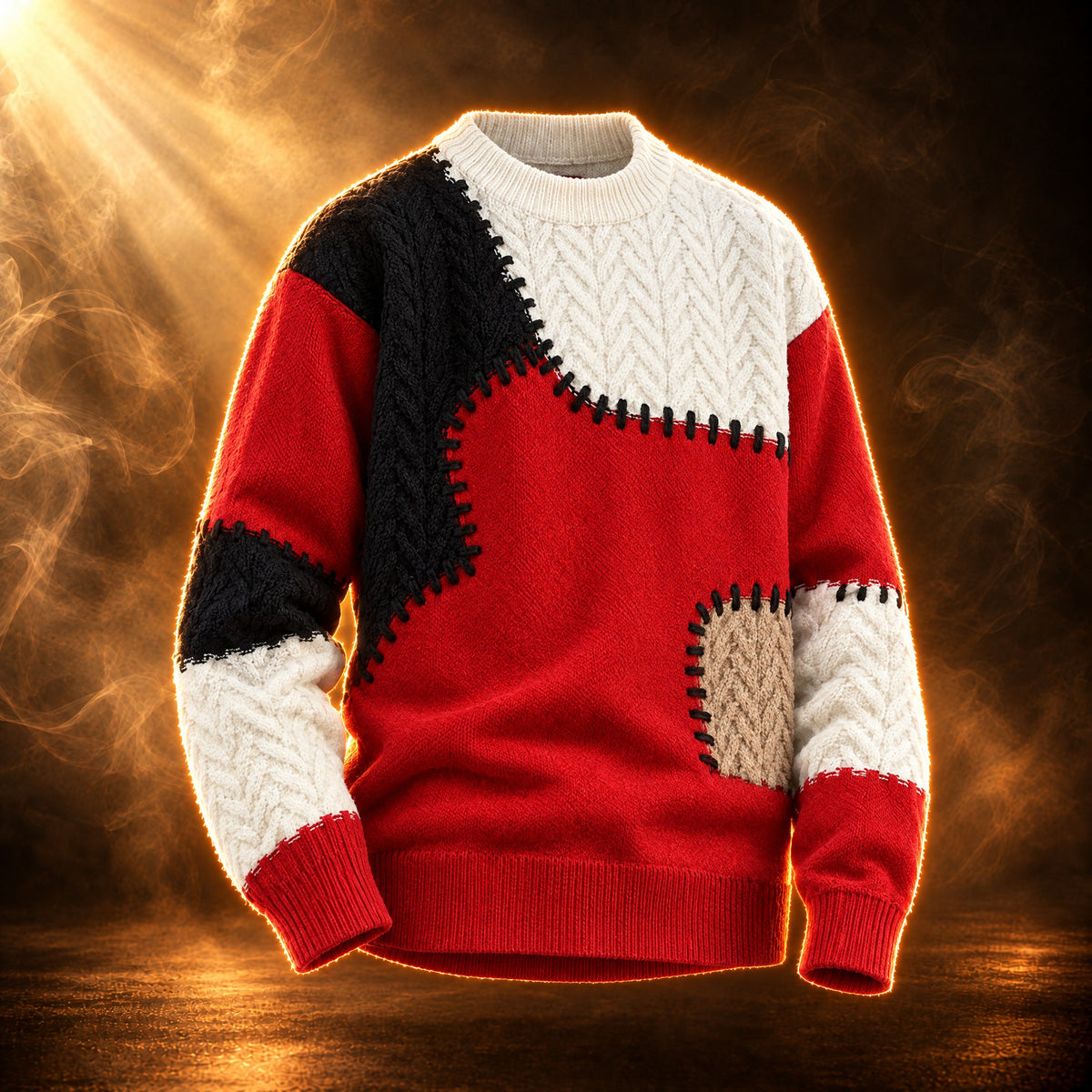 Achille patchwork cable knit crewneck sweater for men in red, front view