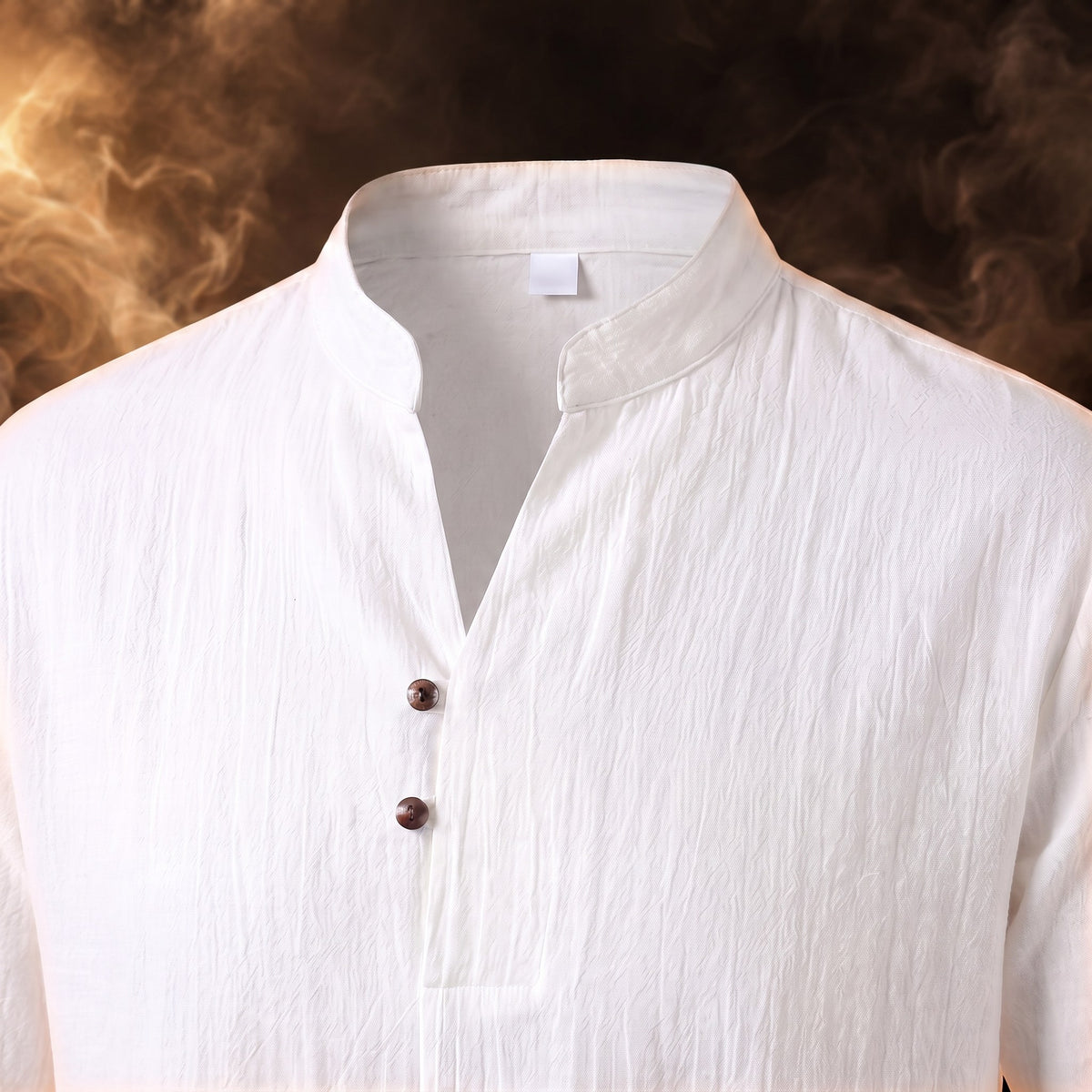Adriano linen shirt in White, split neckline with two buttons close-up