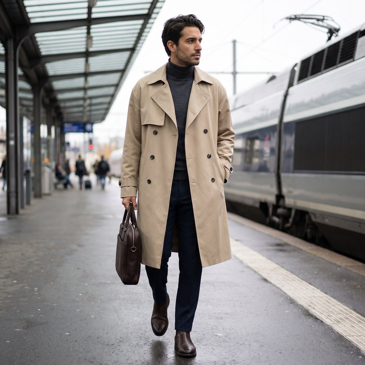 Filippo trench coat, Khaki, worn on a train station platform