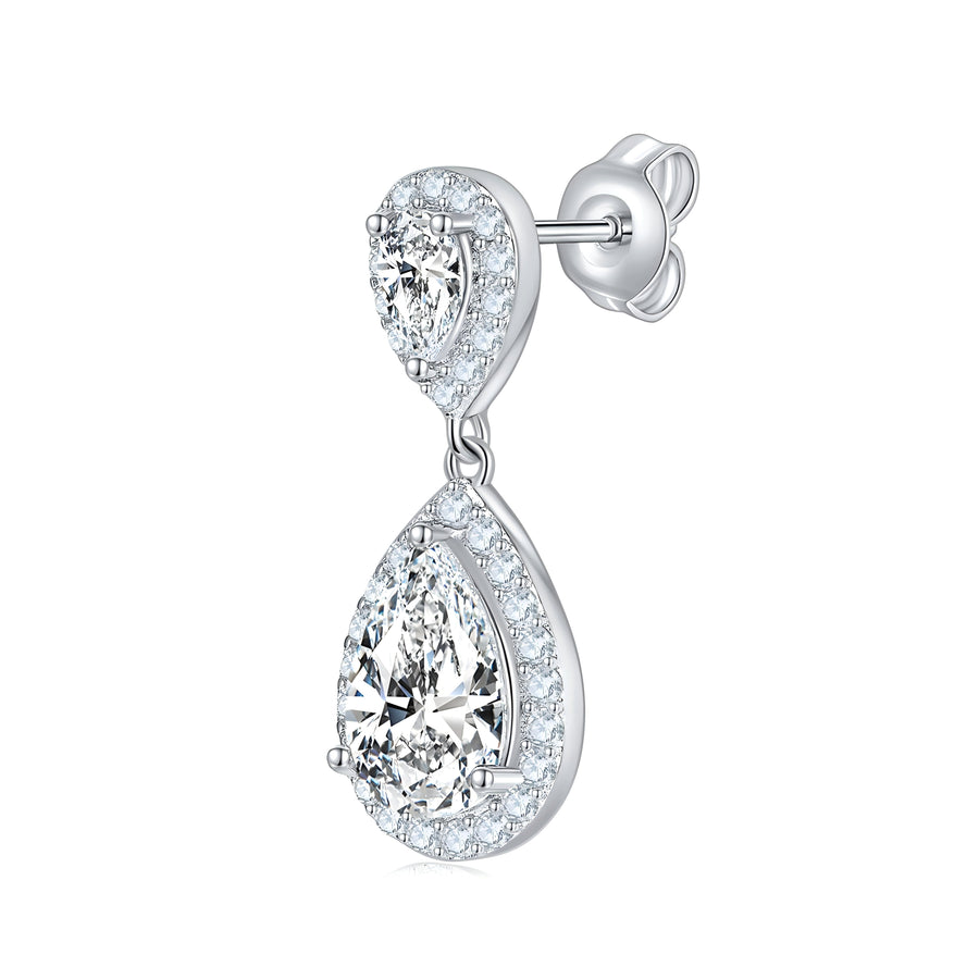 Rosetta Sterling Silver Pear Moissanite Halo Drop Earrings for Women