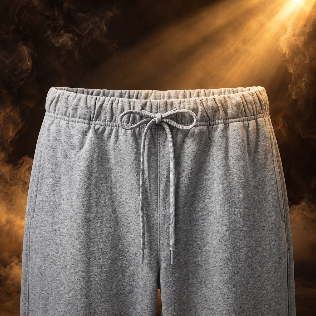 Alberto sweatpants in Heather Gray, elastic waistband and drawstring close-up