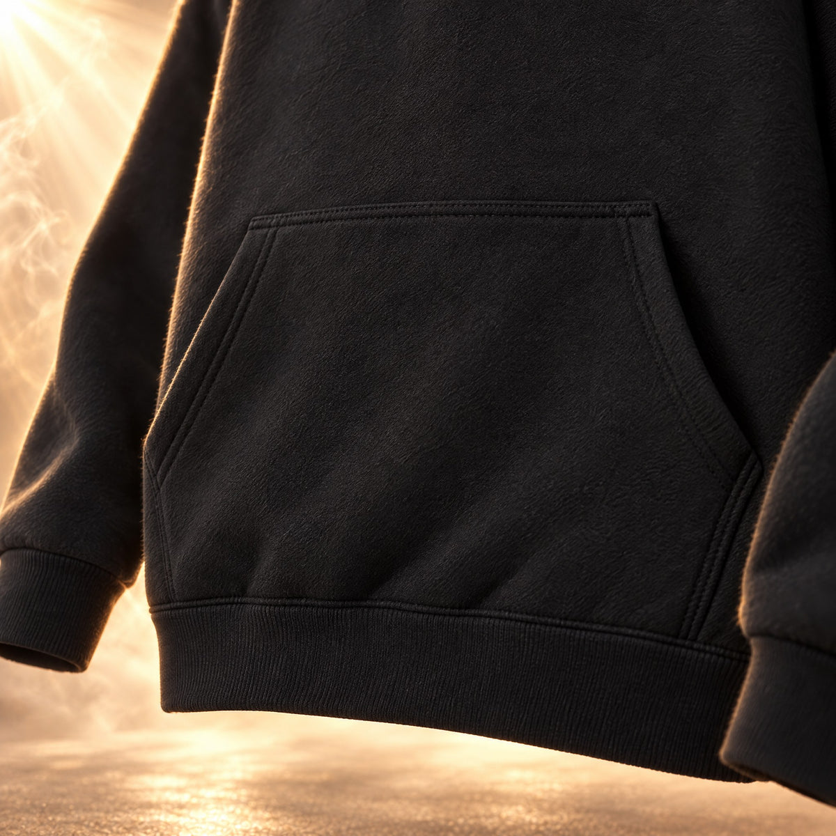 Alessio Classic Pullover Hoodie for Men in black, kangaroo pocket and ribbed hem close-up