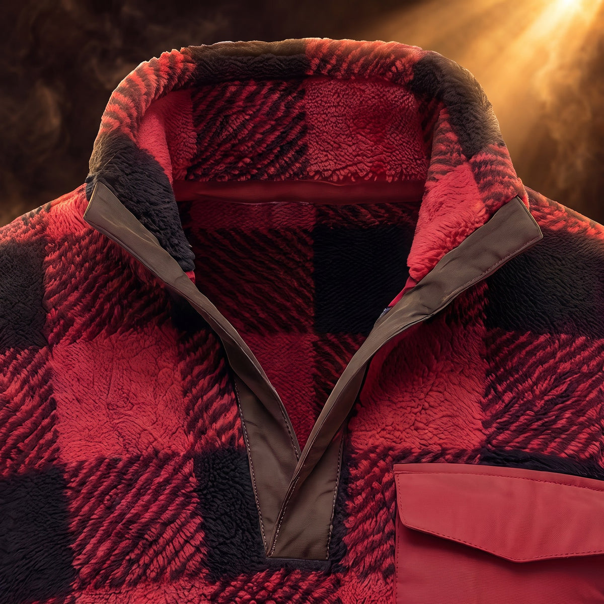 Alonzo sherpa fleece pullover, Red Plaid, stand collar and placket close-up