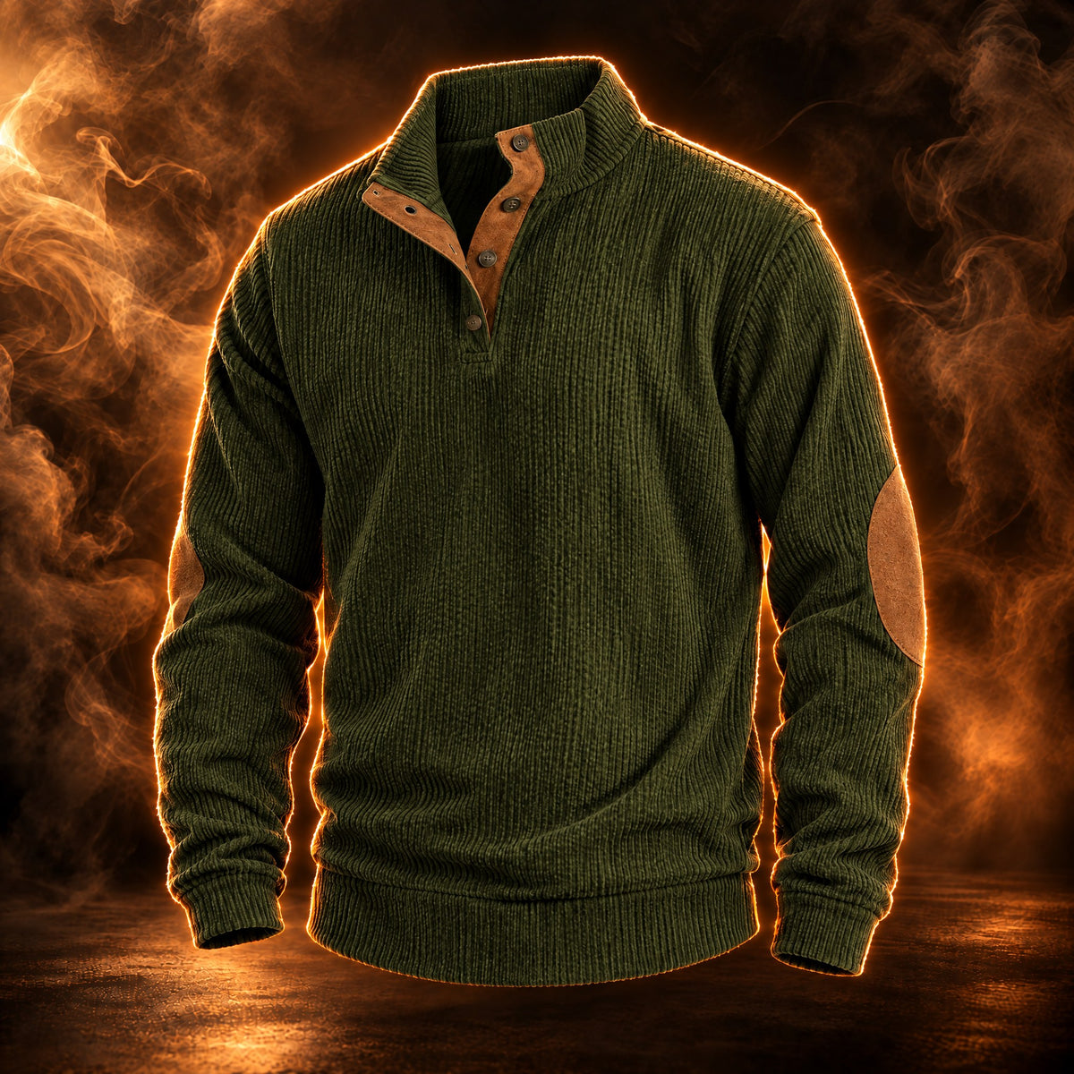 Ambrose elbow patch corduroy pullover sweater for men in army green, front view