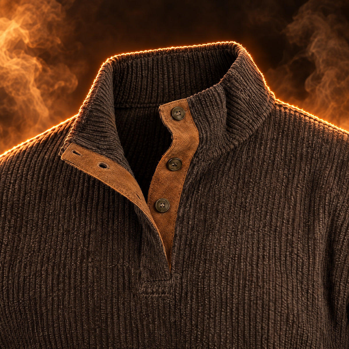 Ambrose pullover close-up of the stand collar and suede-look button placket