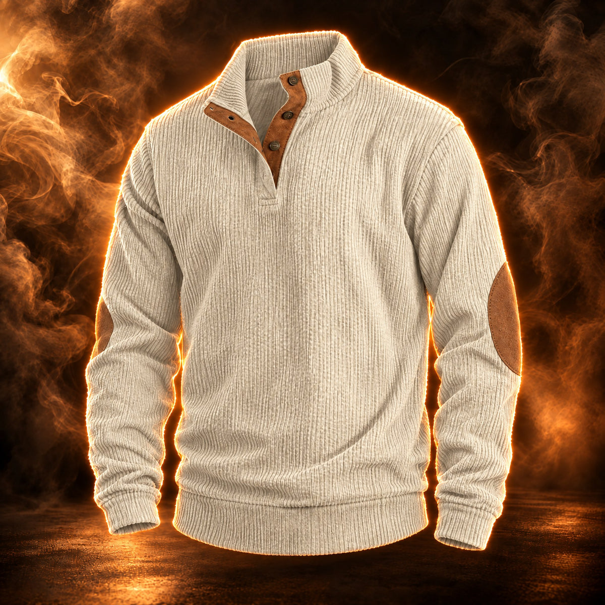 Ambrose elbow patch corduroy pullover sweater for men in white apricot, front view
