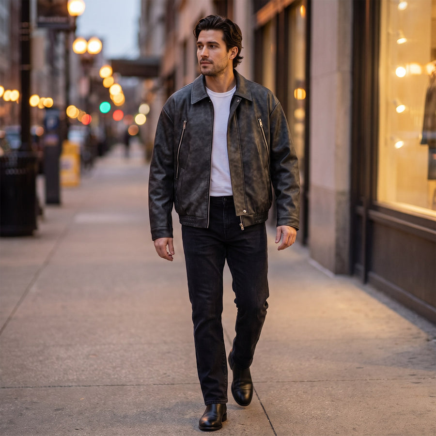Arturo Distressed Leather Zip-Up Jacket for Men