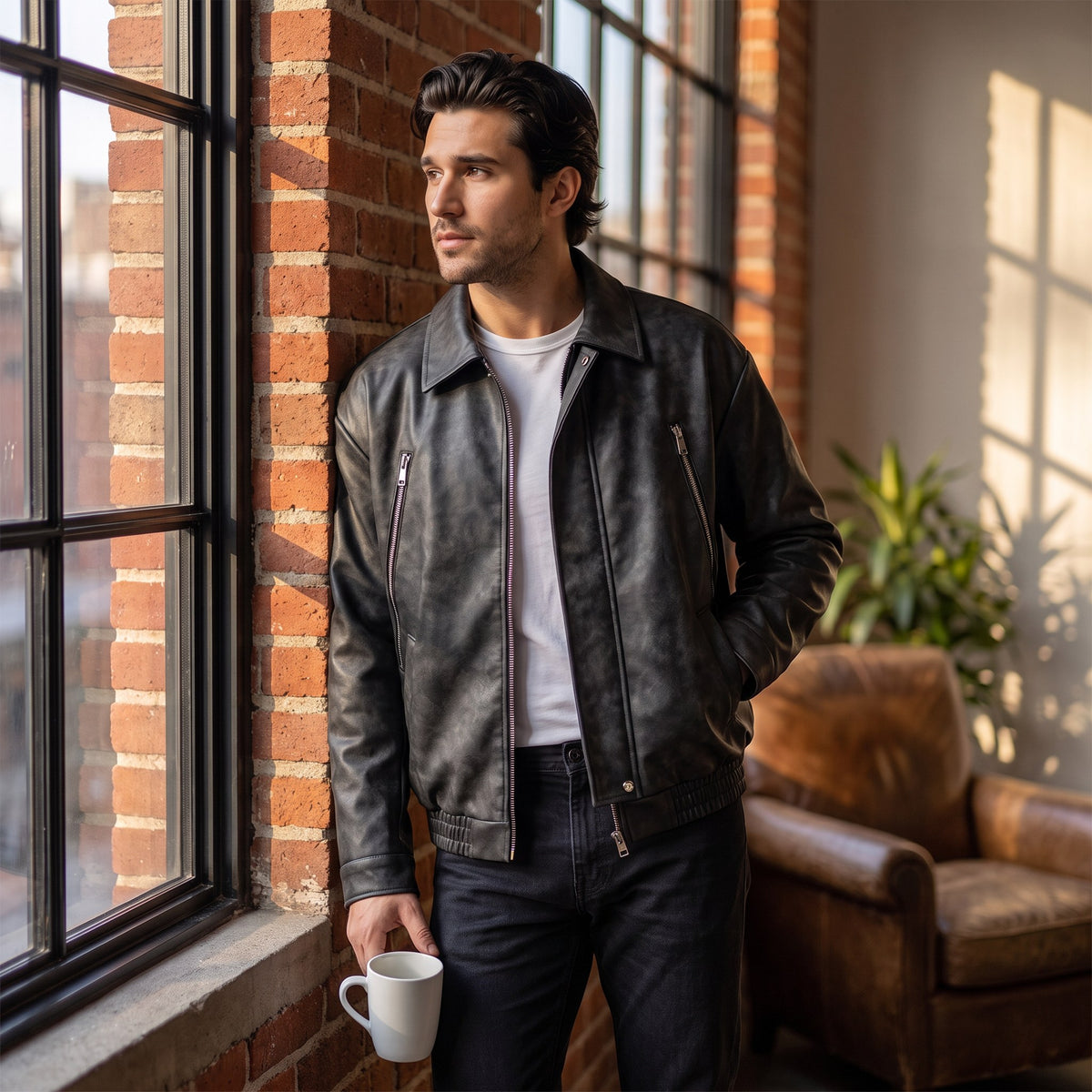Arturo faux leather zip-up jacket, Black, worn in a brick-walled loft