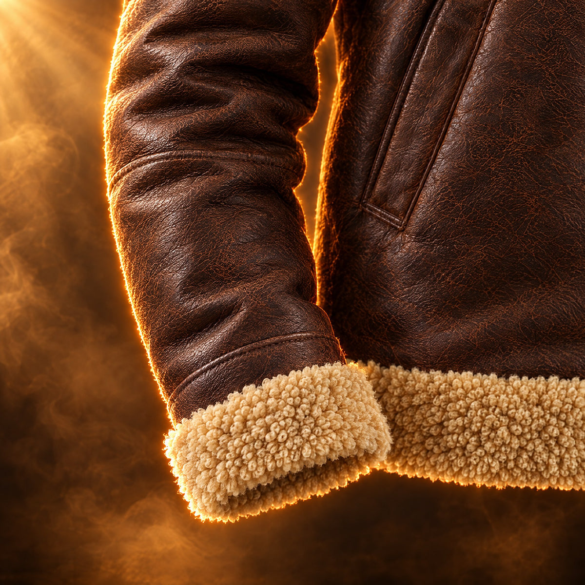 Augustin aviator jacket close-up of the sherpa cuff and hem