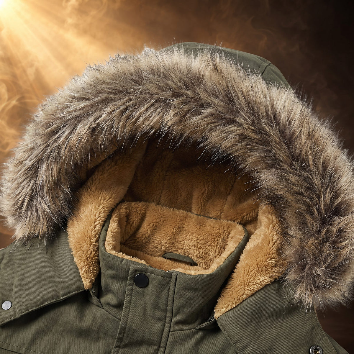Aurelio parka, Army Green, faux fur hood trim close-up