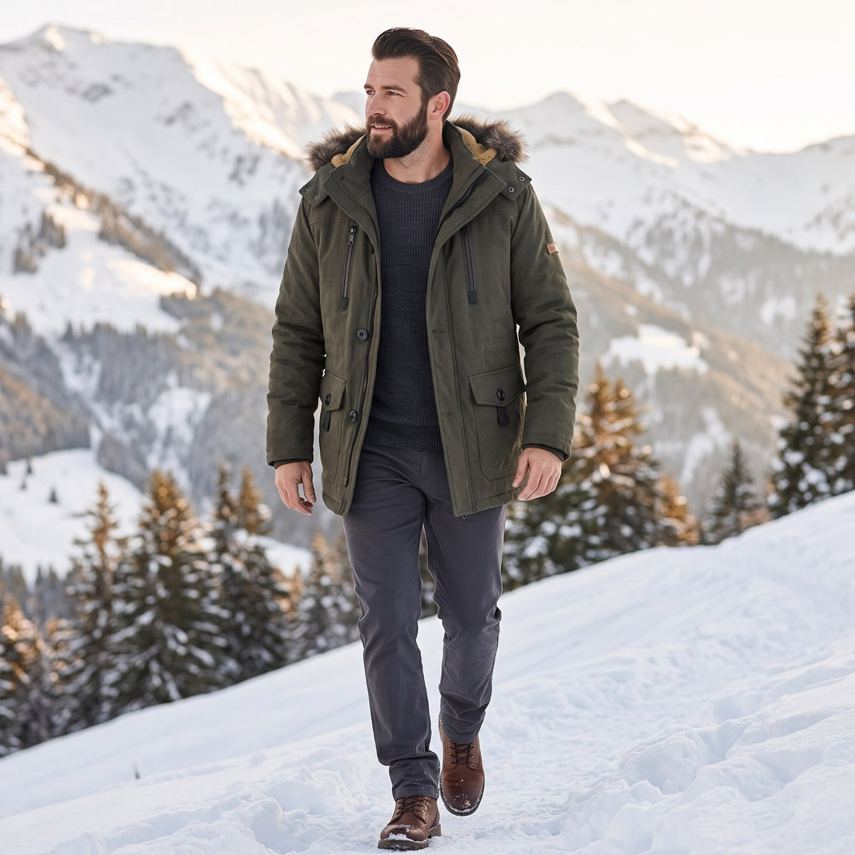 Aurelio parka, Army Green, lifestyle on a snowy mountain trail