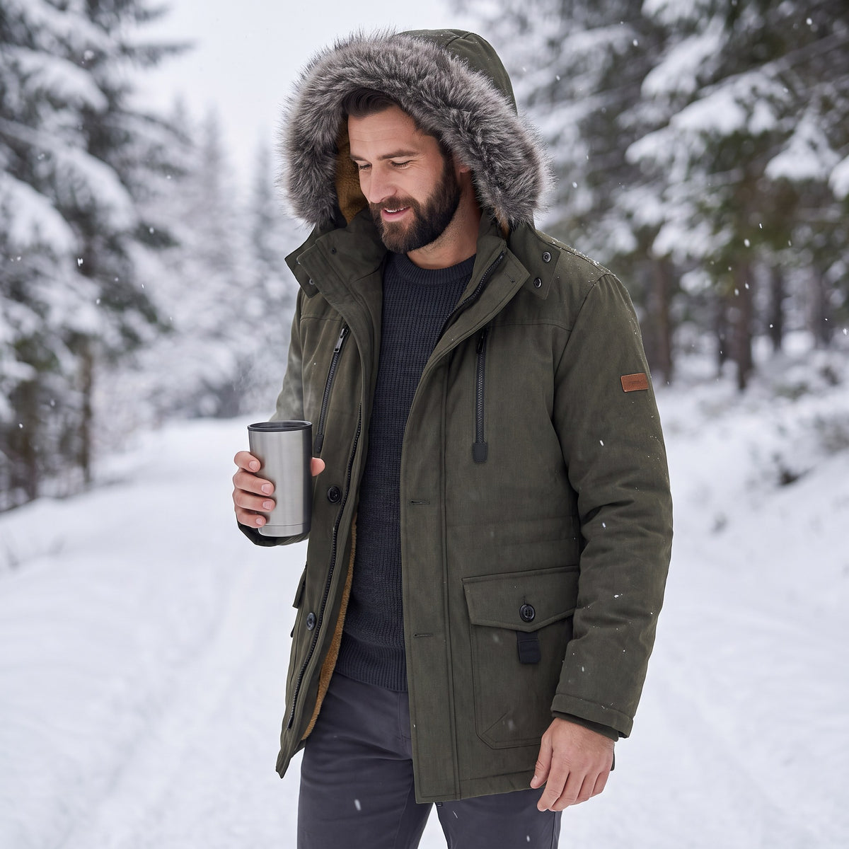 Aurelio parka, Army Green, lifestyle on a winter forest path