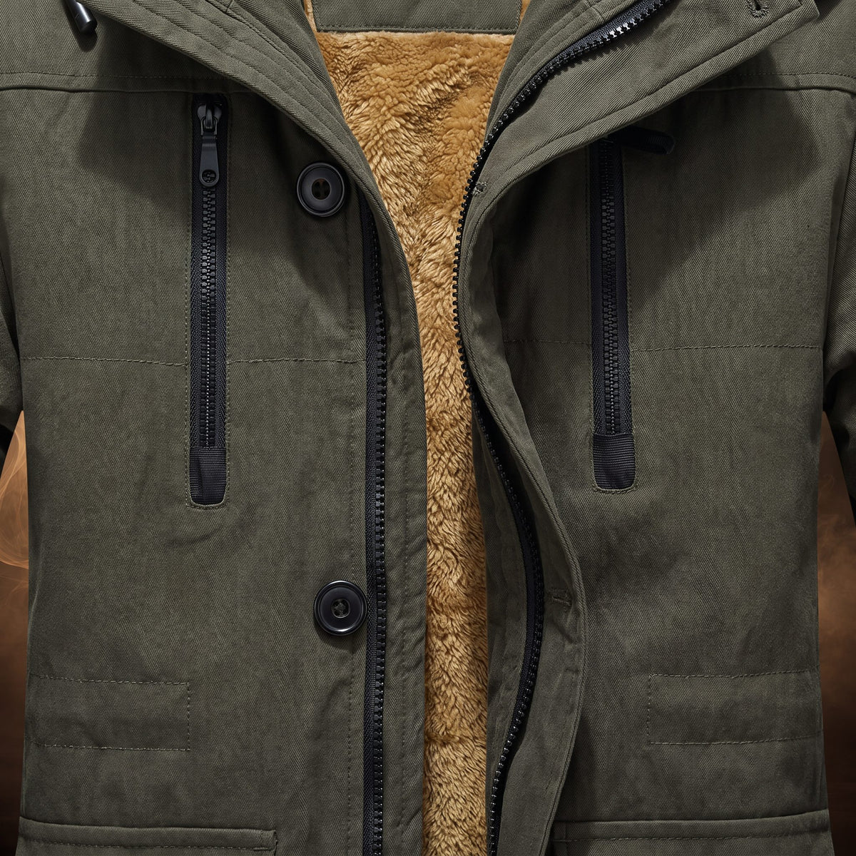 Aurelio parka, Army Green, snap-button storm placket close-up