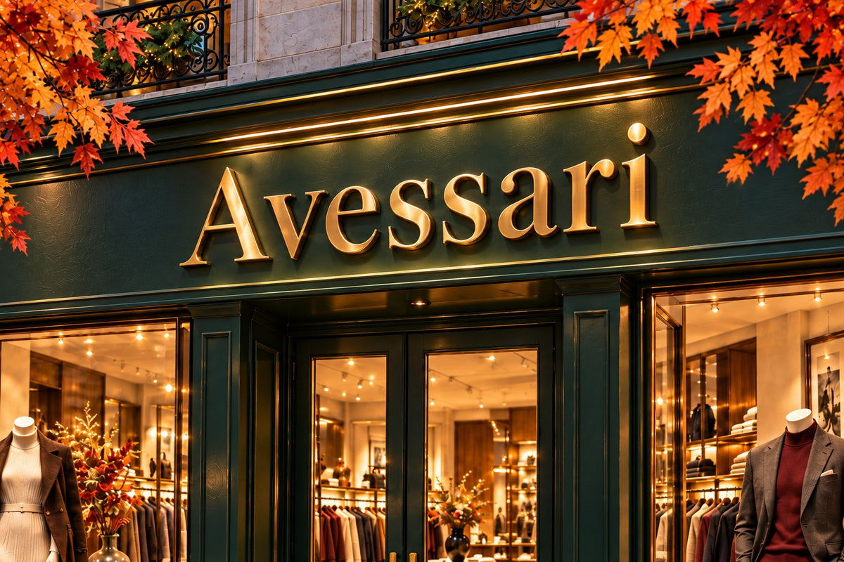 Autumn maple leaves framing a green and gold Avessari sign