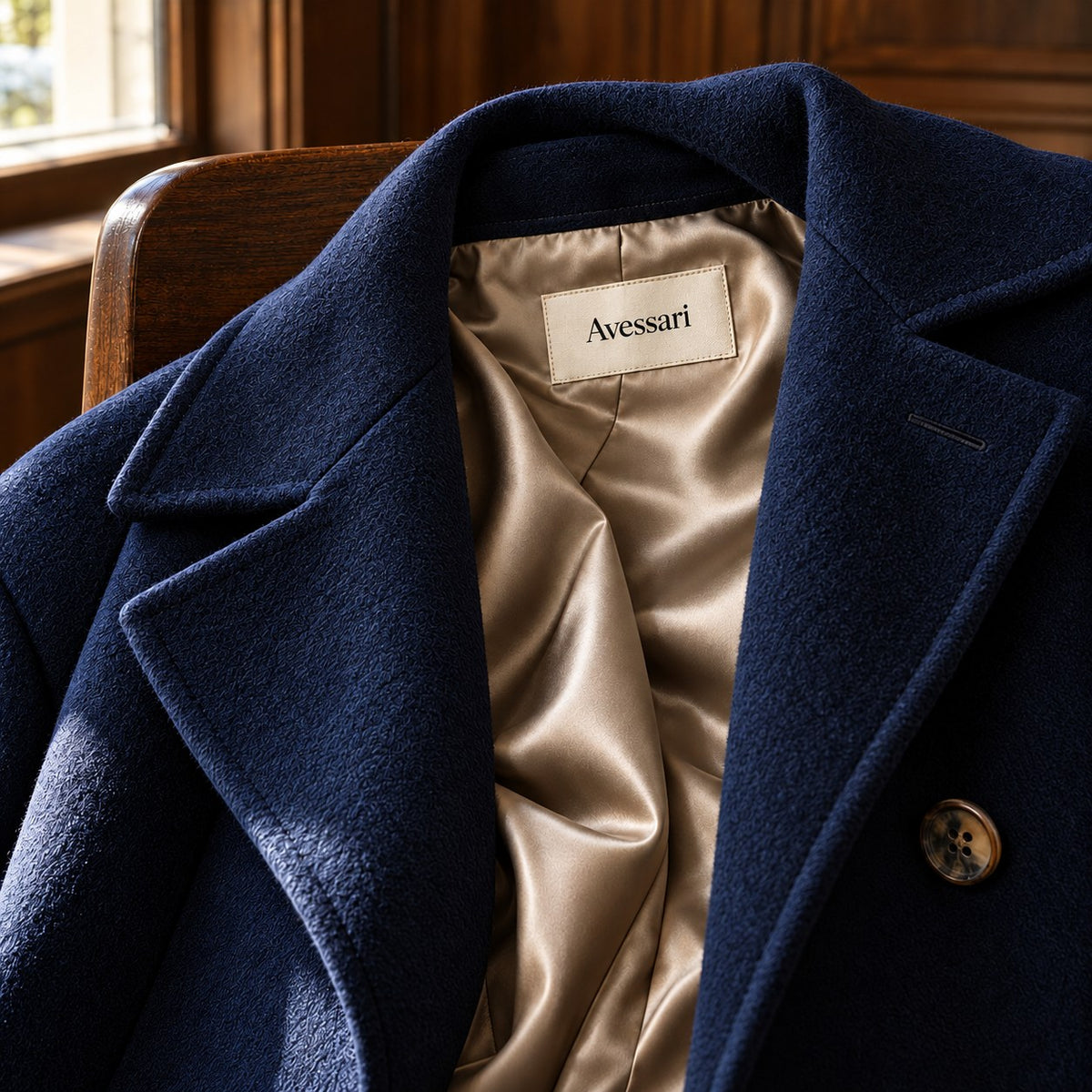 A navy wool coat with a champagne satin lining draped over a wooden chair