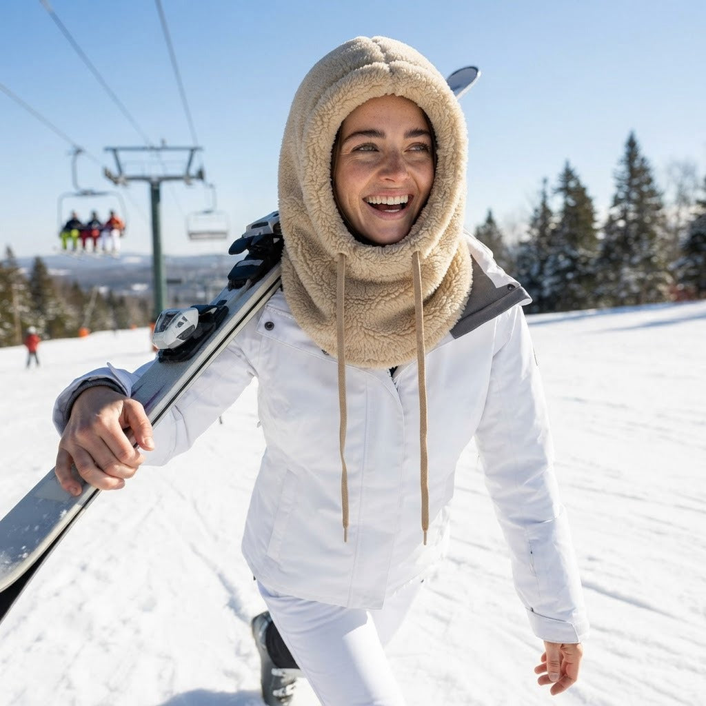 Ernesto plush fleece balaclava, Khaki, worn on a ski slope