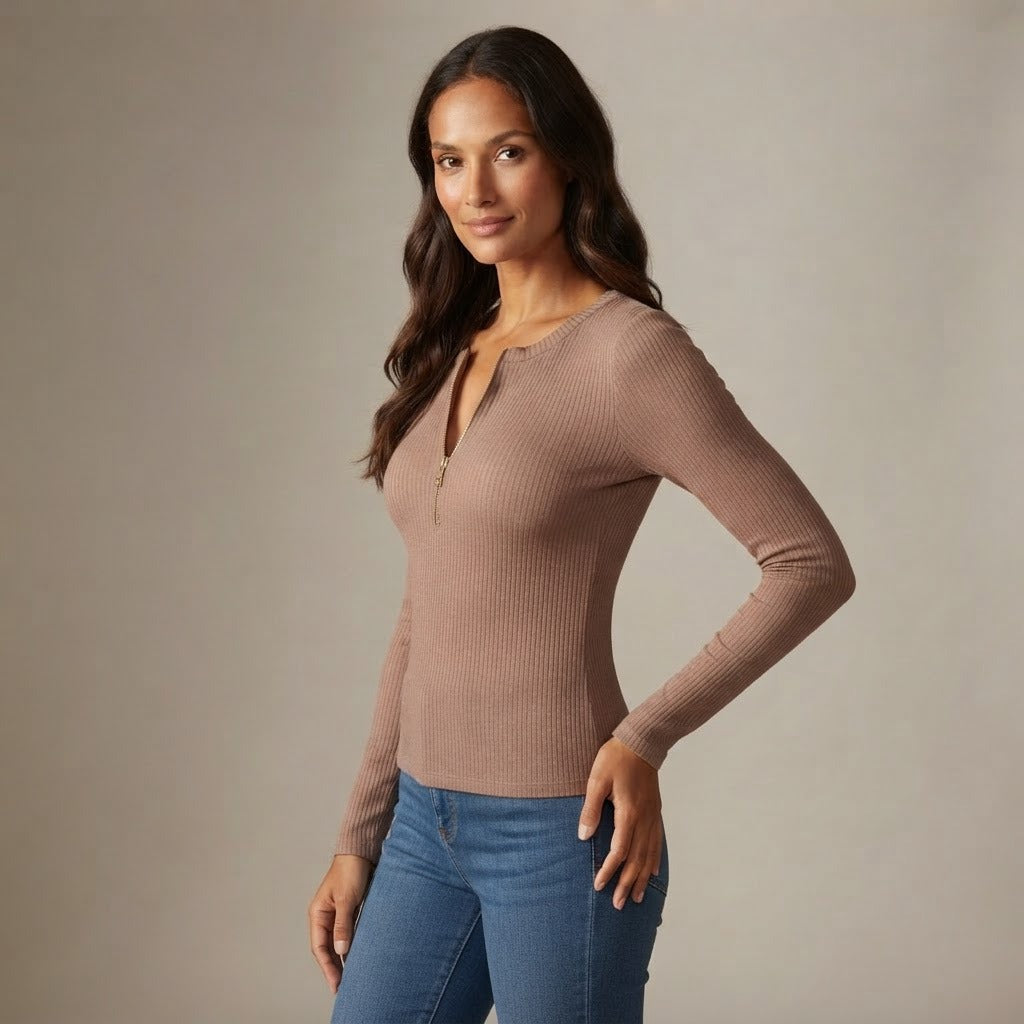 Elisa ribbed knit half zip top, Mocha, side
