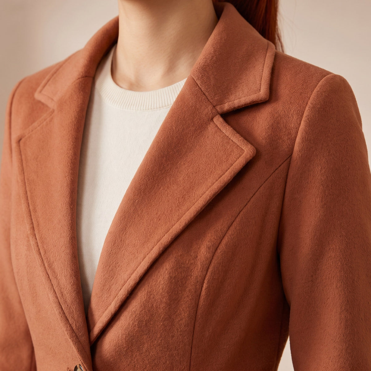 Fiorella coat, Terracotta, notch lapel close-up