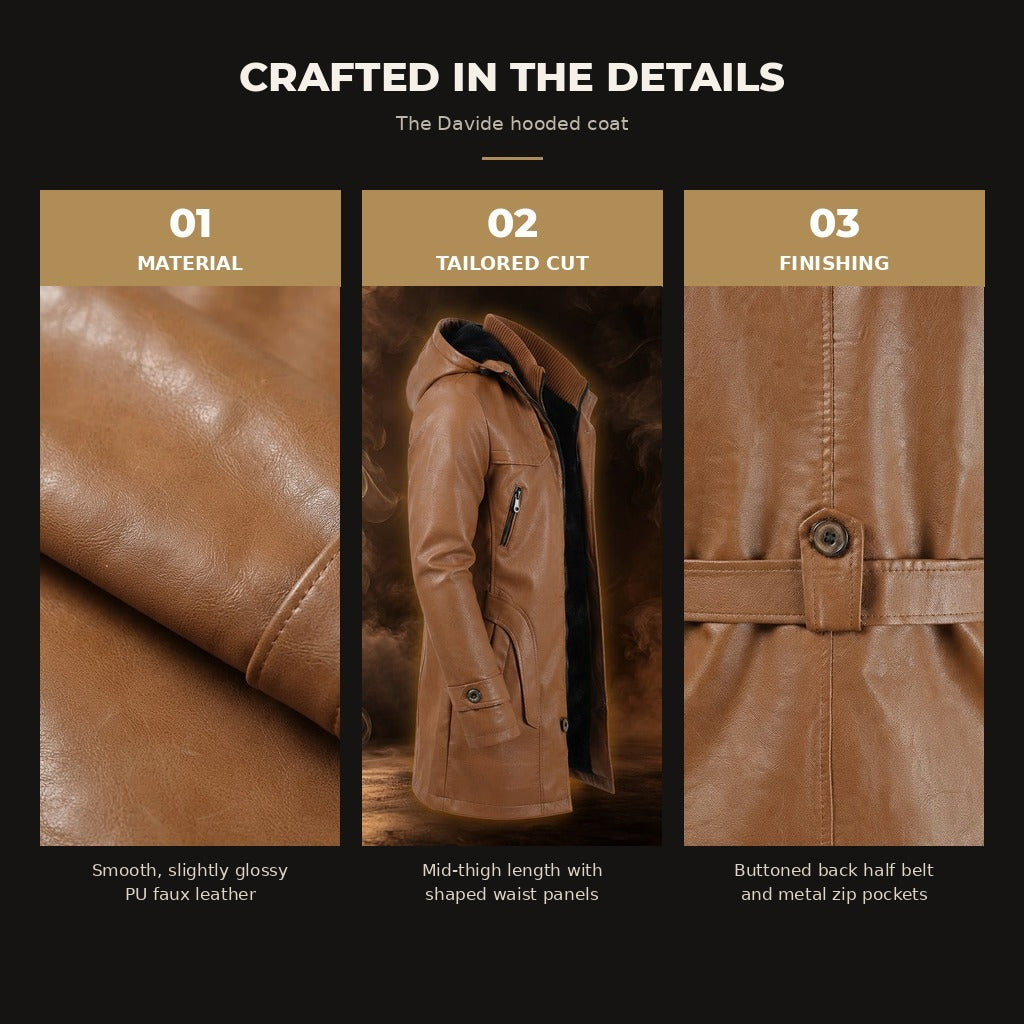 Davide hooded faux leather coat, Tan, material and details