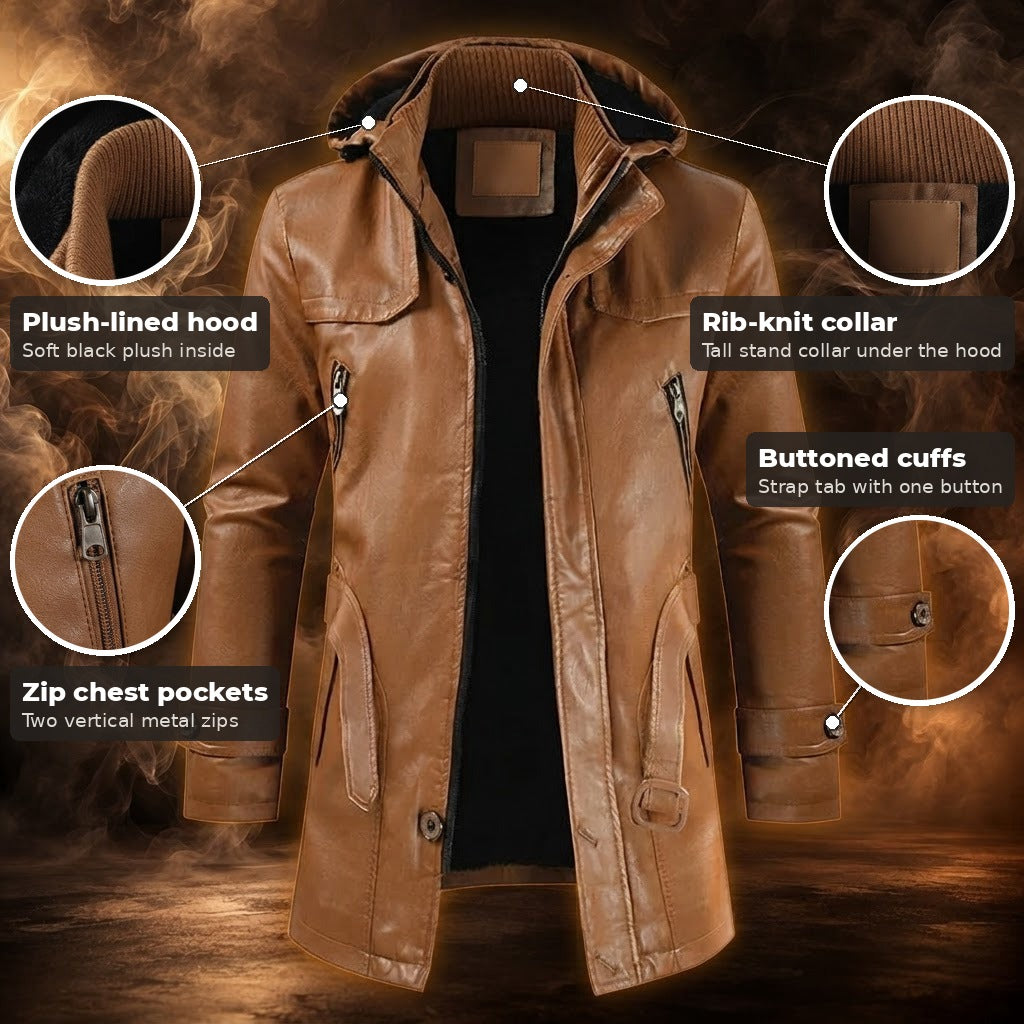 Davide hooded faux leather coat, Tan, key features