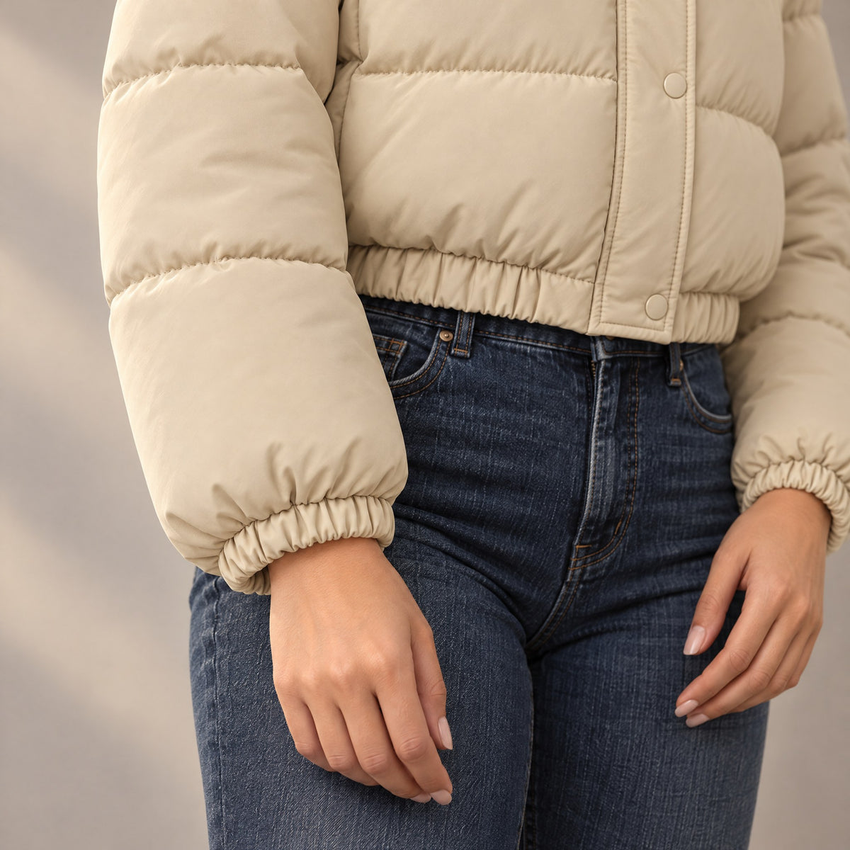 Beatrice Fleece Lined Hooded Cropped Puffer Jacket in khaki, elastic cuff close-up