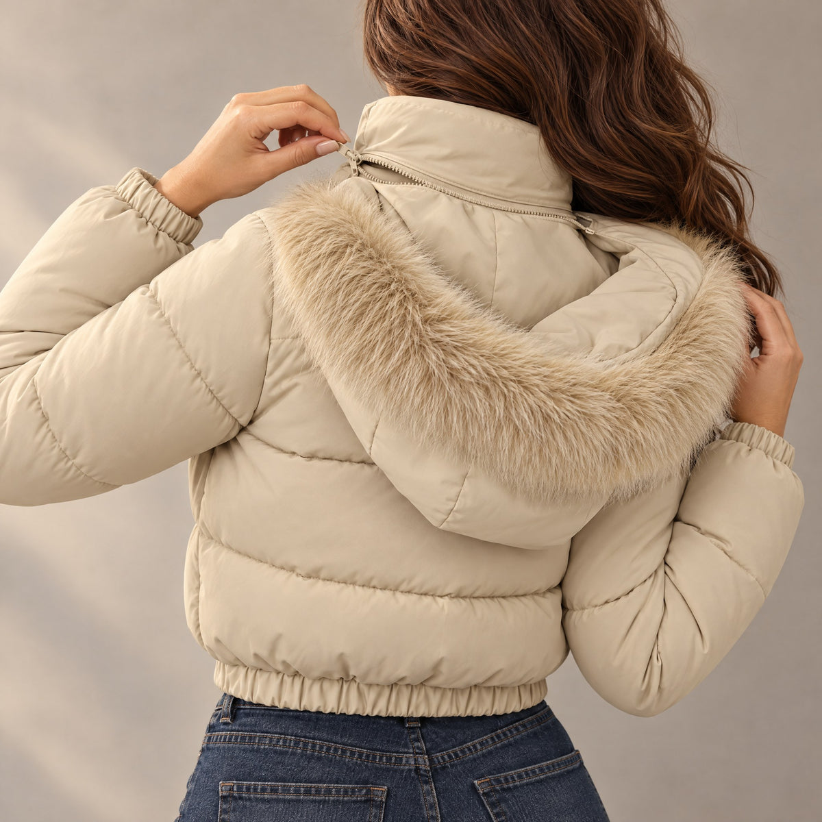 Beatrice Fleece Lined Hooded Cropped Puffer Jacket in khaki, zip-off removable hood