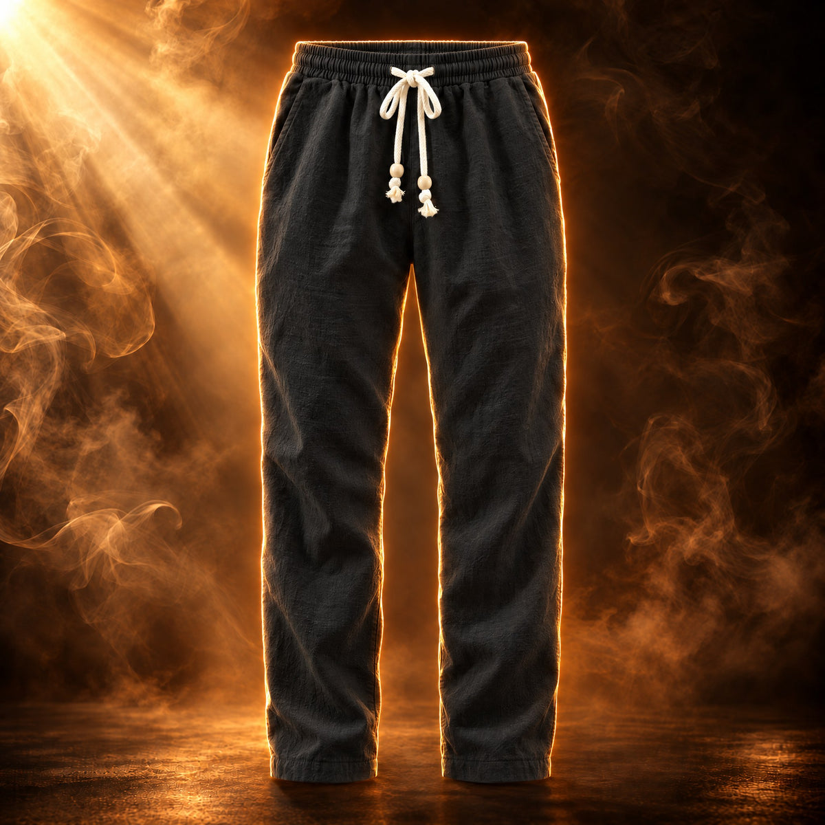 Benedetto relaxed fit linen drawstring pants for men in black, front view