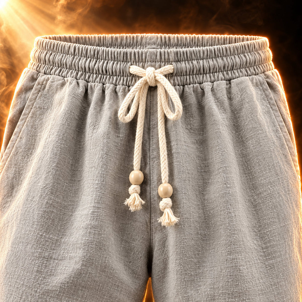 Benedetto pants close-up of the elastic waistband and rope drawstring