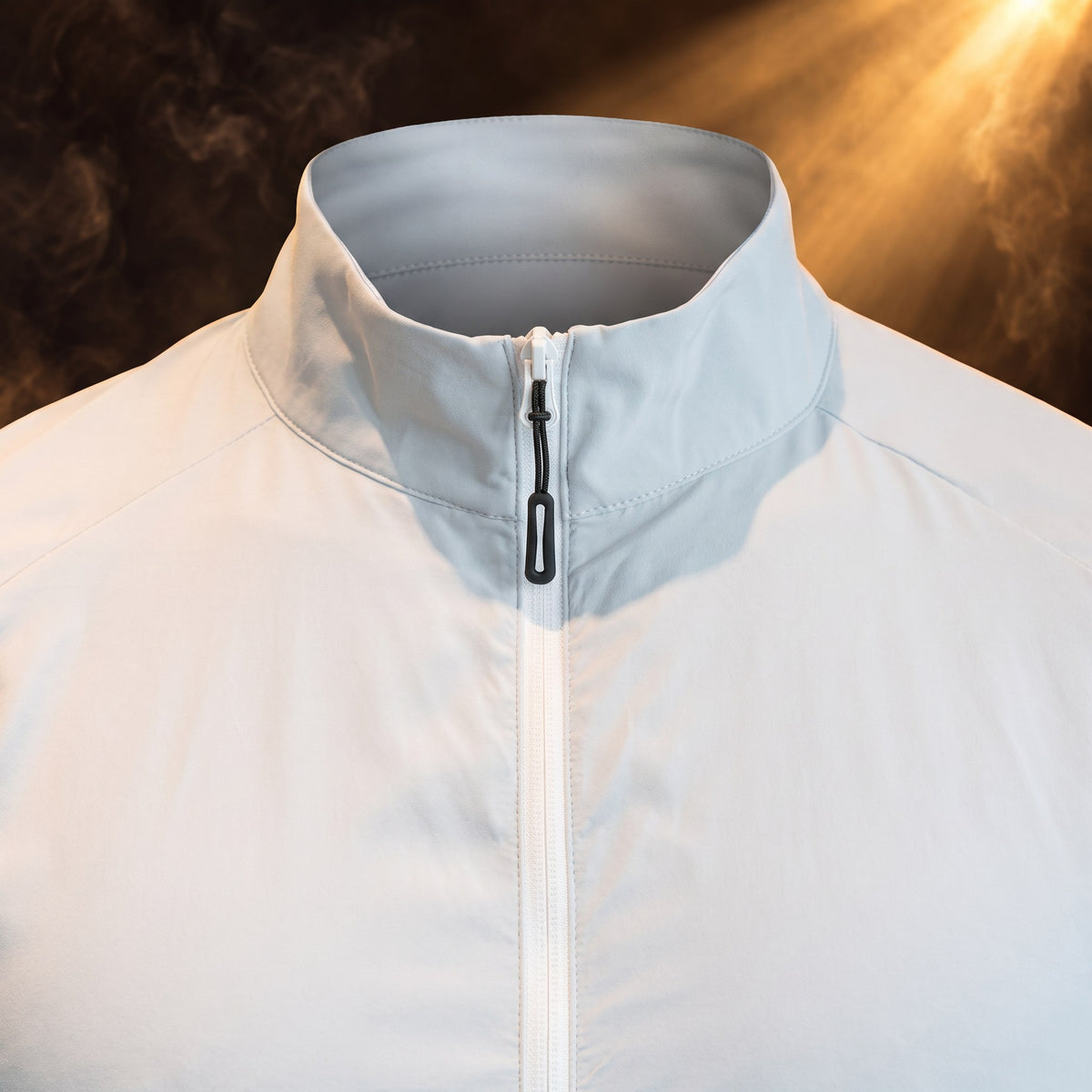 Bernardo jacket, Light Gray, stand collar and zipper pull close-up