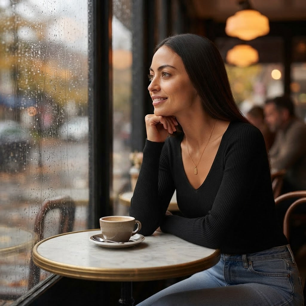 Greta ribbed V-neck knit sweater, Black, worn at a cafe