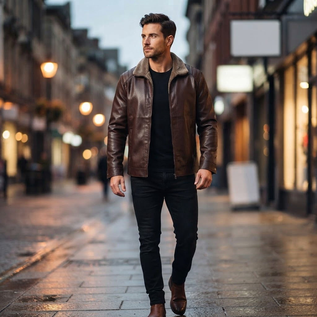 Man wearing the Carmine brown fleece lined faux leather jacket on an evening city street