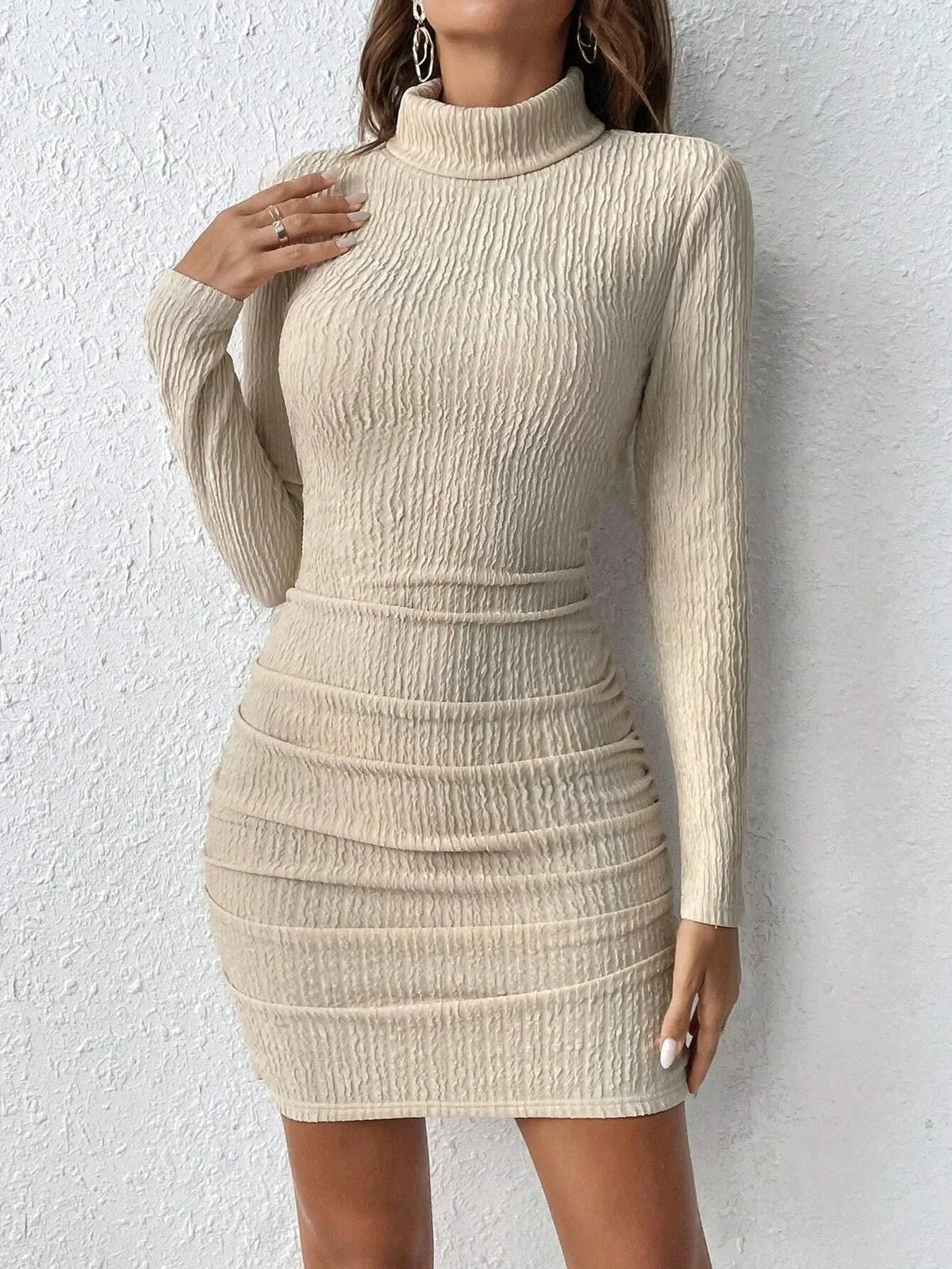 Bianca Ruched Turtleneck Long Sleeve Bodycon Dress in khaki, front view